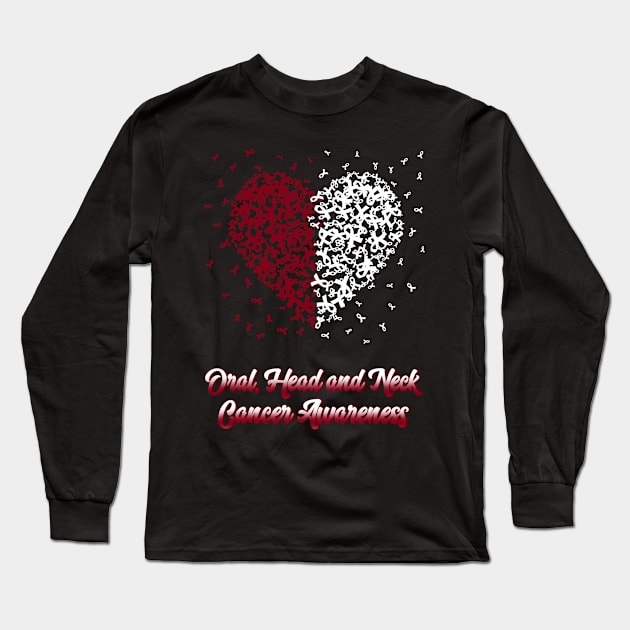 Burgundy White Heart Ribbon Oral Head And Neck Cancer Awareness Long Sleeve T-Shirt by artbyhintze